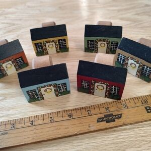Set of 6 Hand-Painted Mini  Napkin Ring Wooden Houses - Assorted Colors